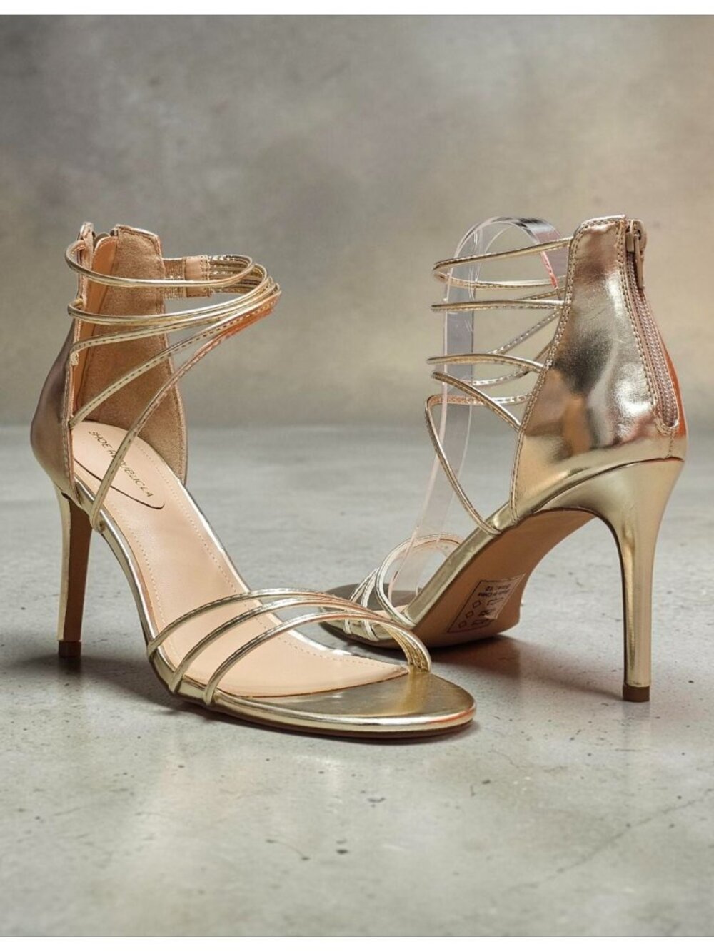 WomenS Gold Strappy Stiletto Sandals Open Toe Ankle Zip Dress Heels